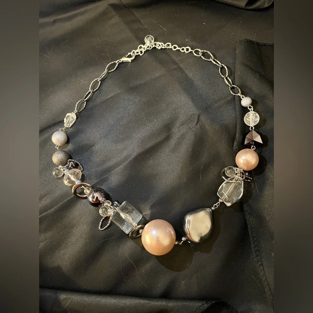 Pink, Silver,Pearl and Plasic Retro Long Necklace